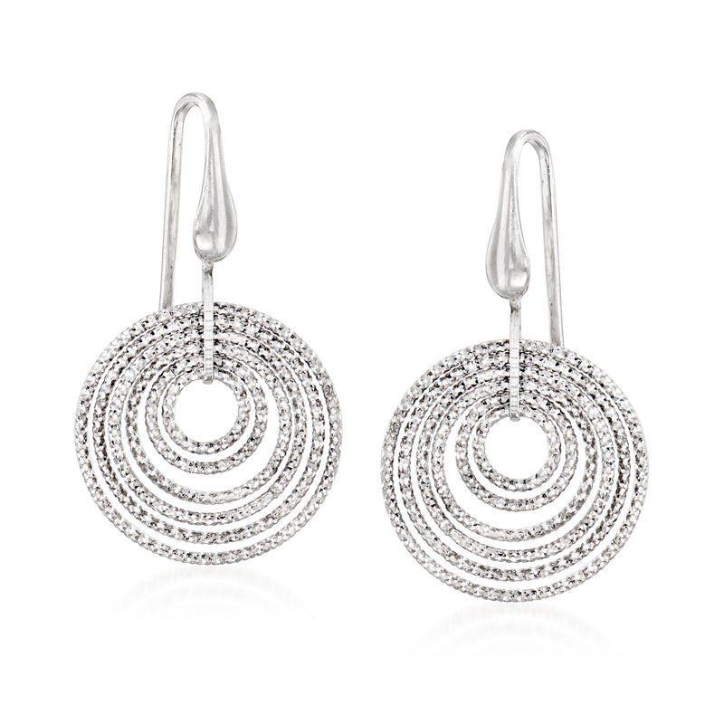 Sterling silver drop earrings with layered multi-circle spiral rings and earwire hooks