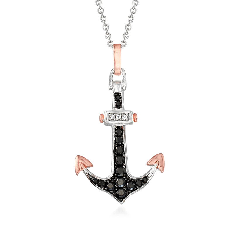 Anchor pendant necklace with black spinel and white zircon accents in rose-gold over silver