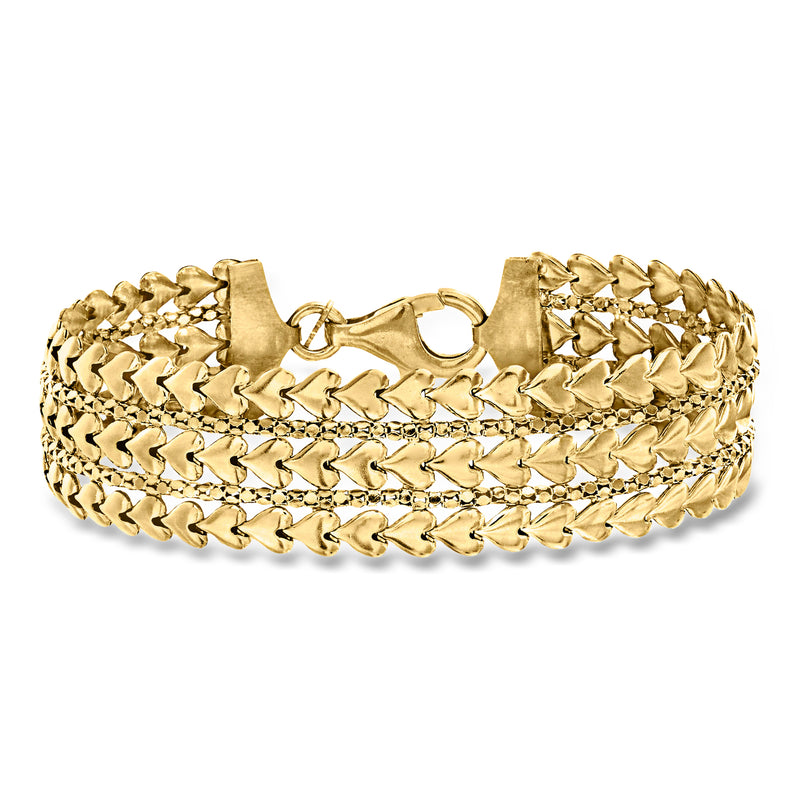 Gold over sterling heart-link multi-row bracelet with hinged clasp