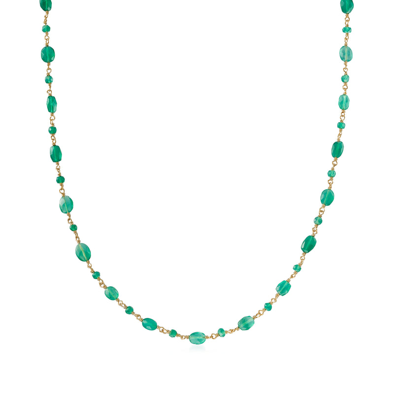 Green chalcedony station bead necklace with gold over sterling chain