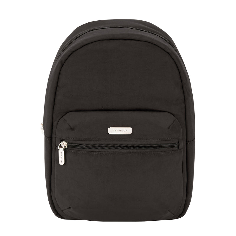 Black backpack with front zip pocket and top zip closure, slim rounded shape
