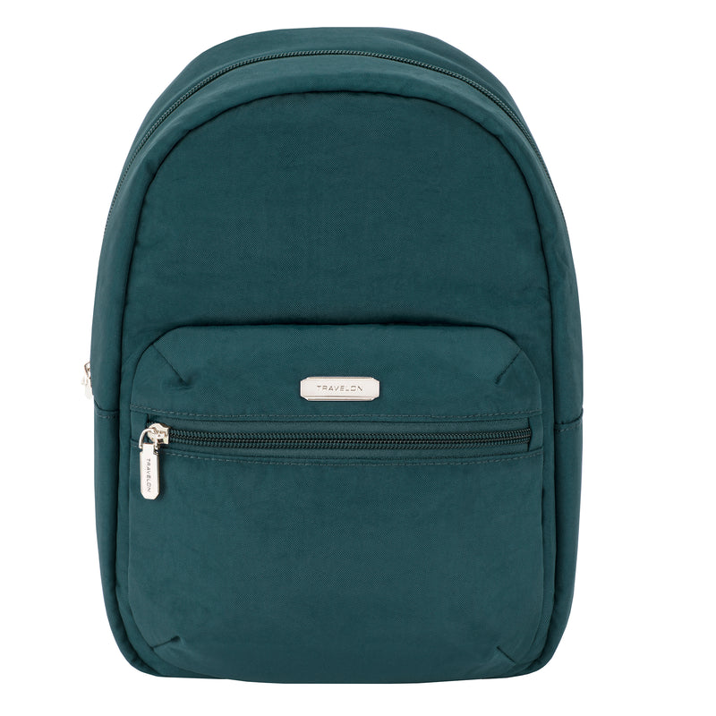 Green anti-theft backpack with front zip pocket and top zip closure