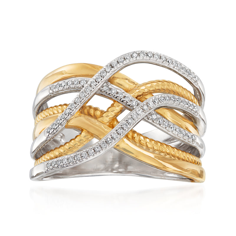 Tri-band diamond highway ring in 18kt gold over sterling with sparkling clear stones