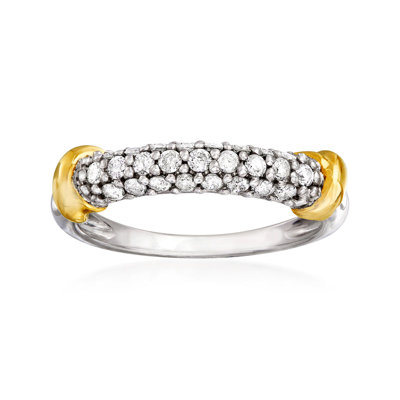 Three-row diamond ring with round stones, yellow gold side accents on sterling silver band