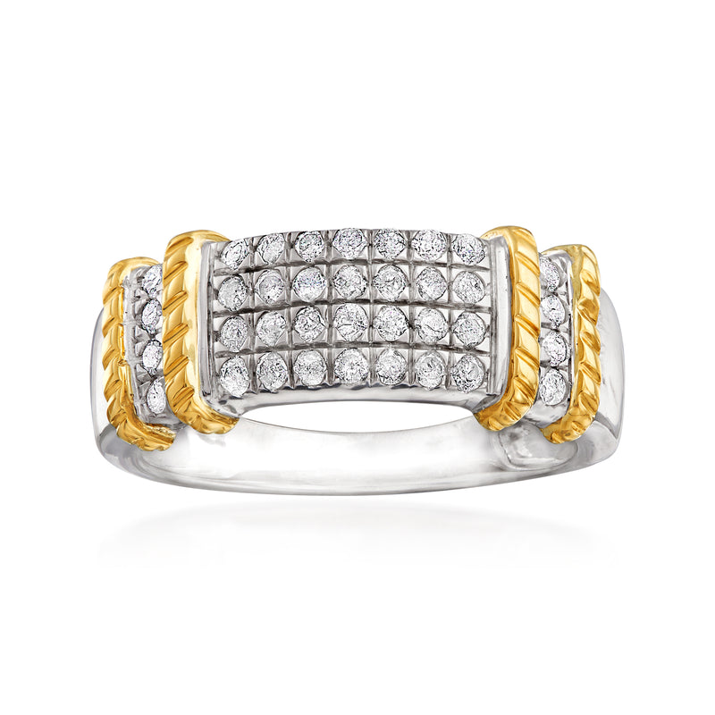 Pave diamond ring in sterling silver with yellow gold band and rectangular diamond top