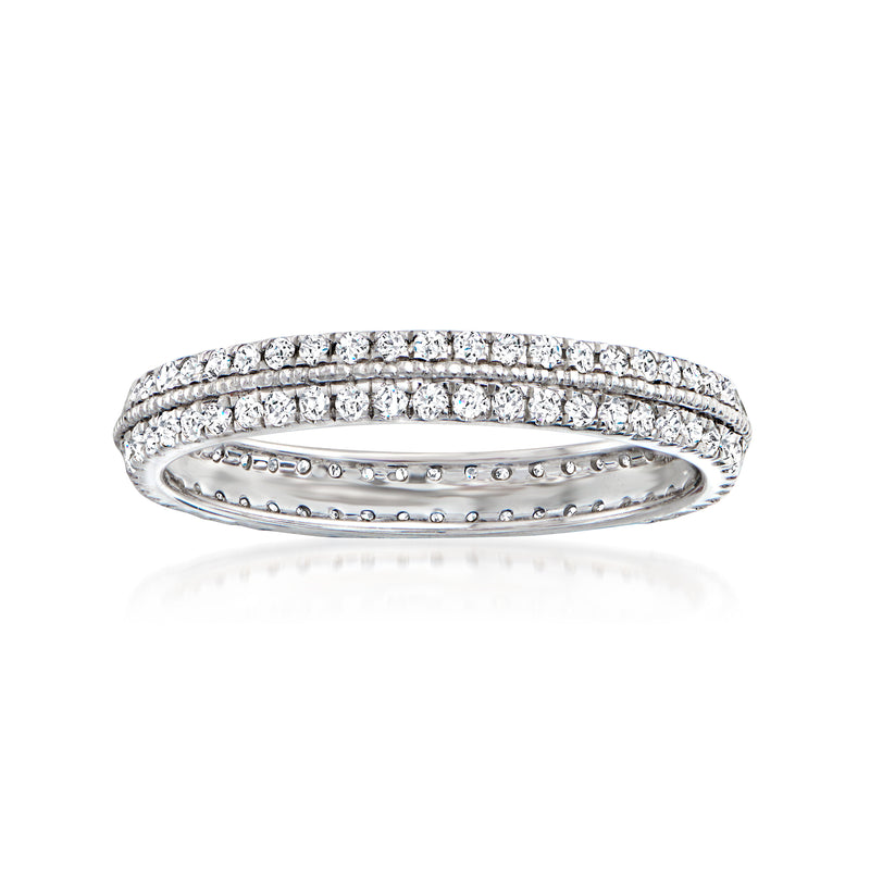14kt white gold two-row diamond eternity band with round stones, polished finish