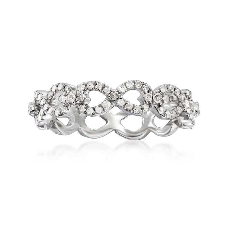 Sterling silver infinity eternity ring with round diamond accents, prong-set, shiny