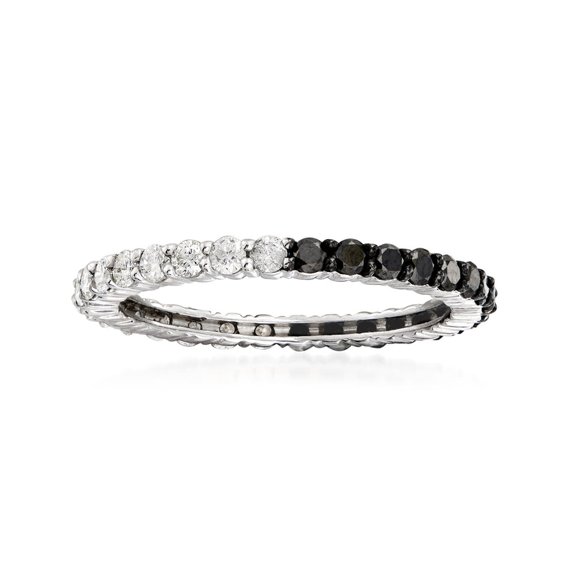 Sterling silver eternity band with alternating white and black stones, bezel set