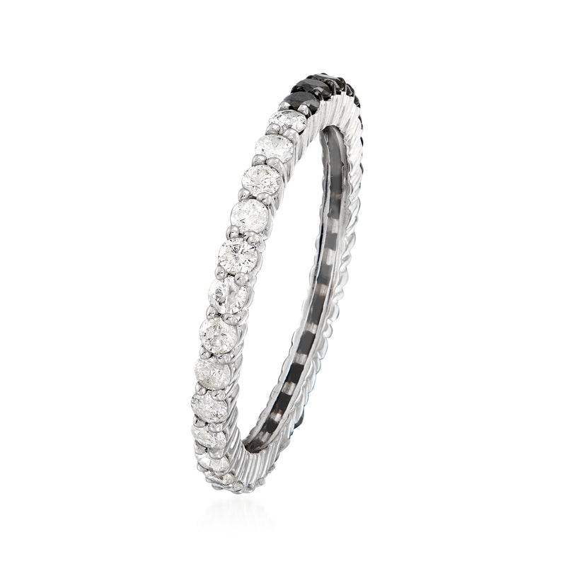 Sterling silver eternity band side view with alternating white and black stones, bezel set