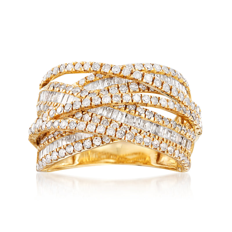 14kt yellow gold diamond highway ring with layered round and baguette stones