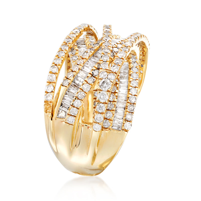 14kt yellow gold diamond band ring, multi-row sparkle with round and baguette stones