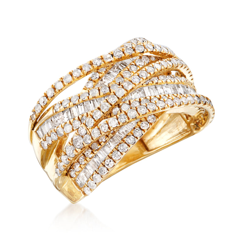 14kt yellow gold multi-row diamond highway ring with crisscross baguette and round stones