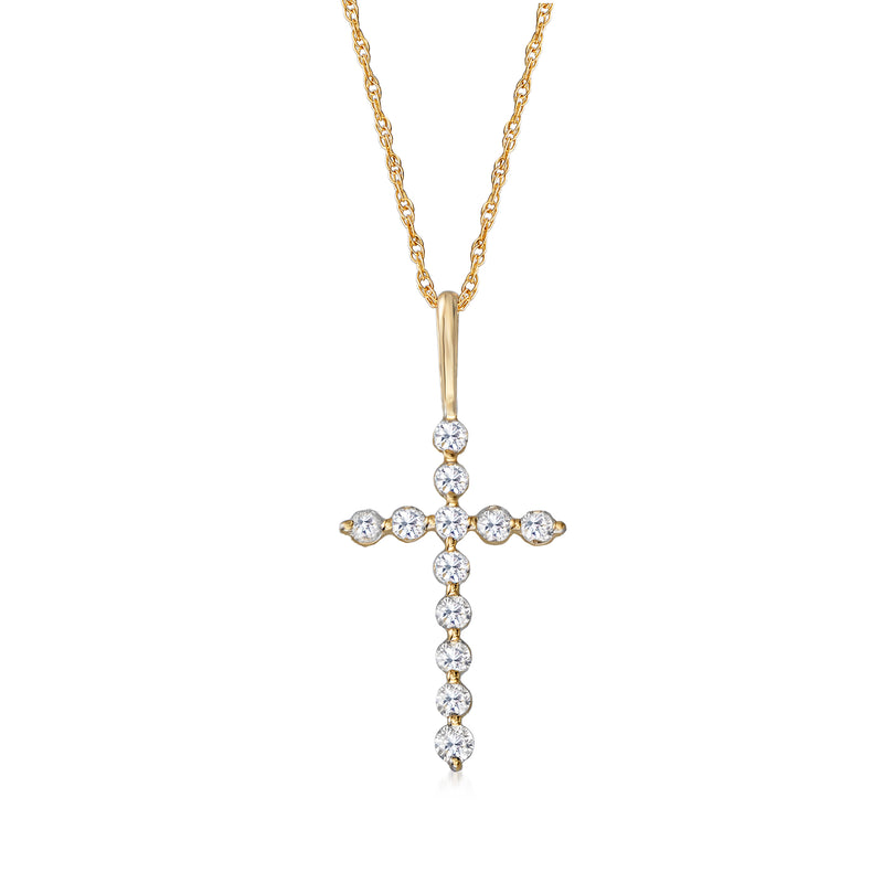 14kt yellow gold diamond cross pendant necklace with round stone cross on link chain