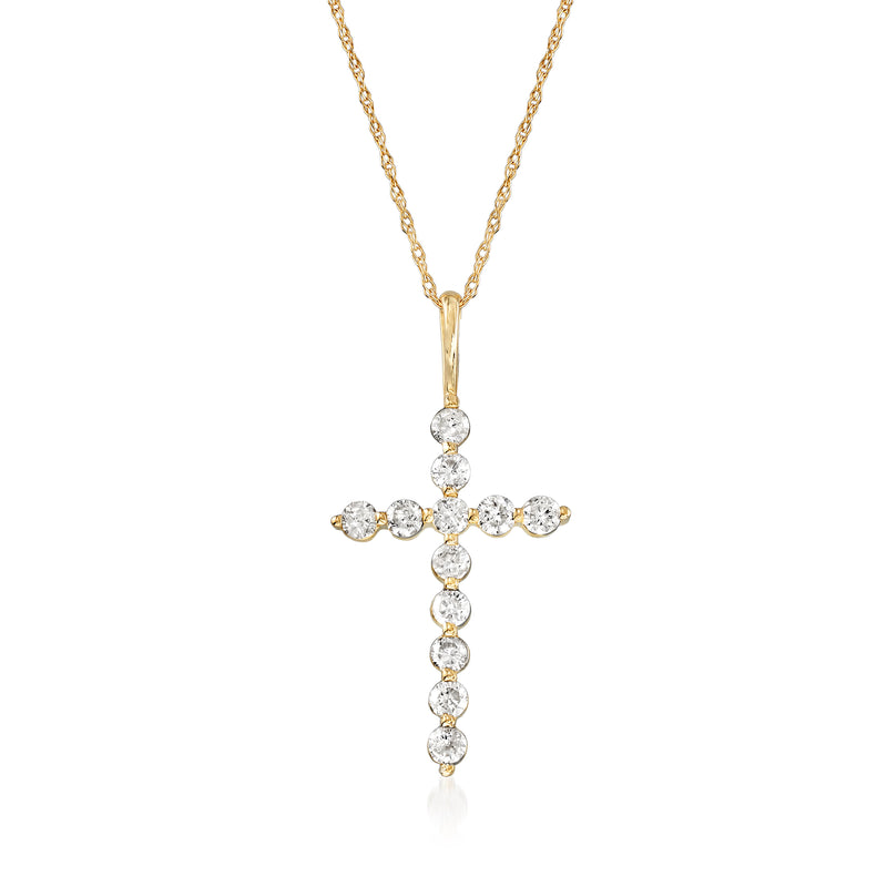 14kt yellow gold diamond cross pendant necklace with round-cut stones