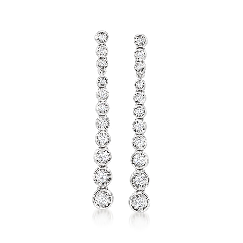 Sterling silver diamond drop earrings with round bezel-set stones, full length row