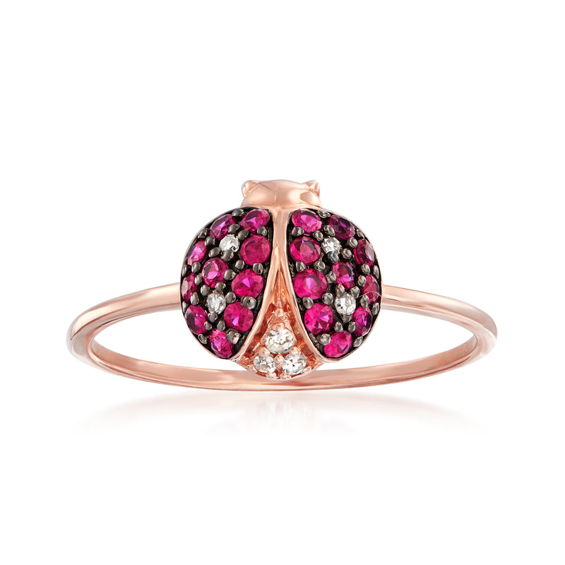 14kt rose gold ladybug ring with pink-red ruby accents and small diamond detailing