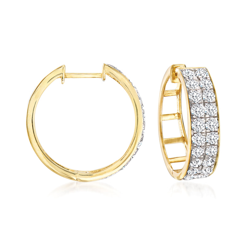 14kt yellow gold double-row diamond hoop earrings, round hoops with sparkle