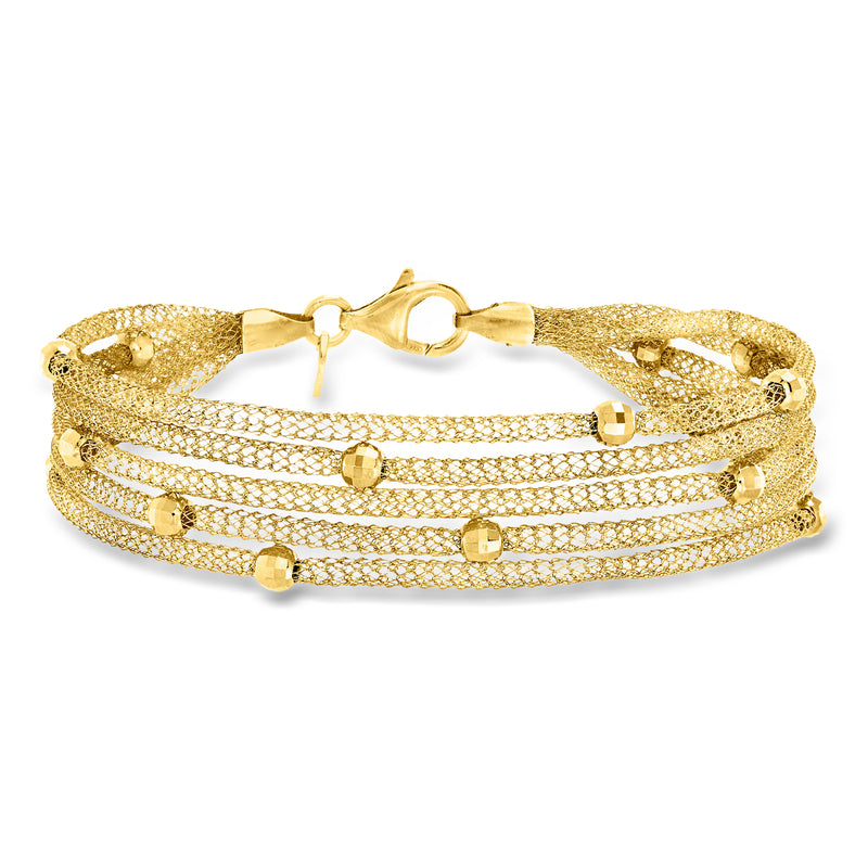 Gold-toned multi-strand mesh bracelet with beaded ends and toggle clasp