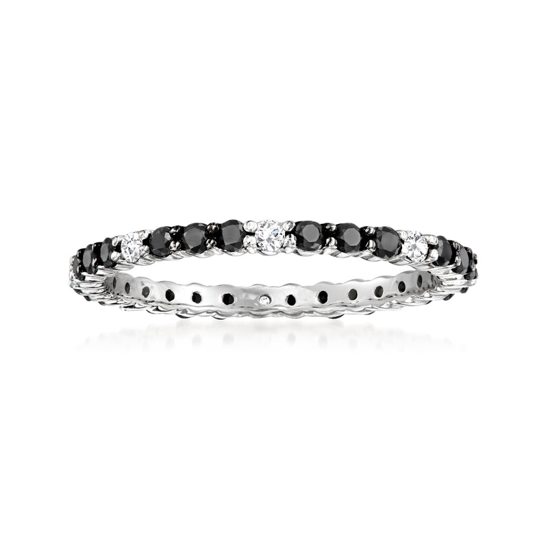 14kt white gold diamond eternity band with black and white stones in bezel settings