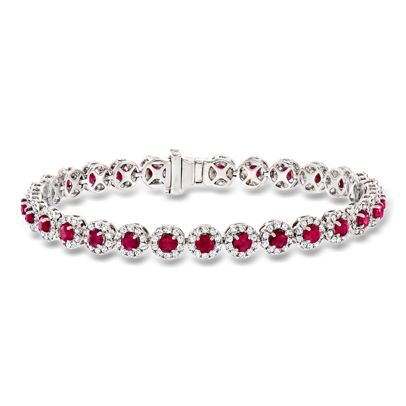 14kt white gold ruby and diamond tennis bracelet with round red gemstones and clear accents