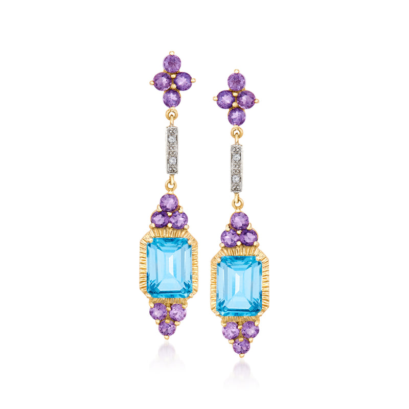 14k yellow gold drop earrings with amethyst clusters, blue topaz drop, diamond accents
