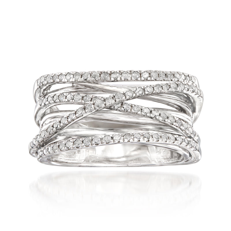 Sterling silver diamond highway ring with three rows of round-cut stones