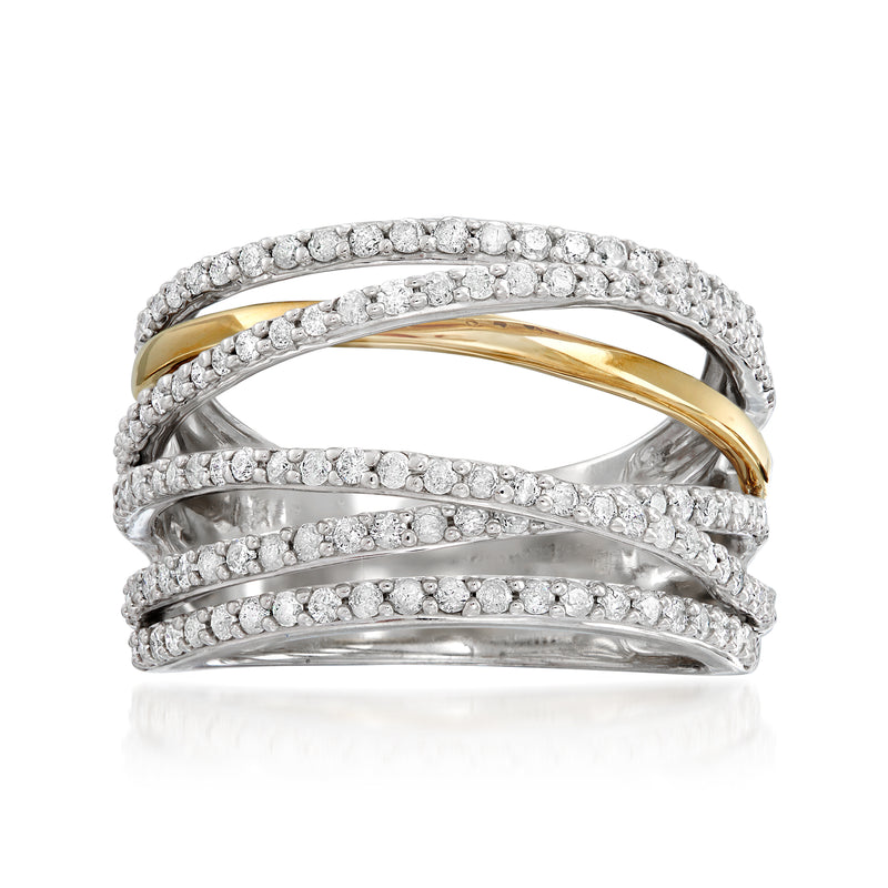 Diamond crisscross ring in sterling silver with 14kt yellow gold accent