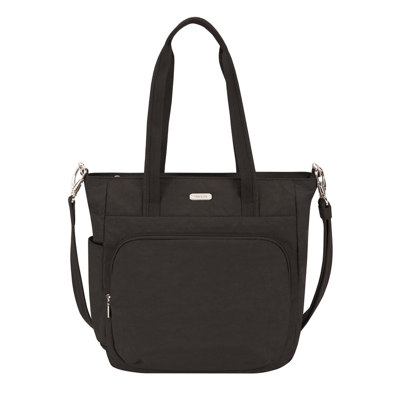 Black convertible tote bag with top handles, front zip pocket, and shoulder strap