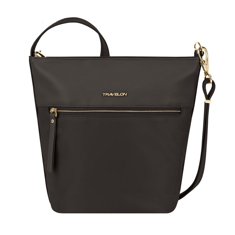 Anti-theft bucket tote bag, black with front zip pocket and shoulder strap, Travelon logo