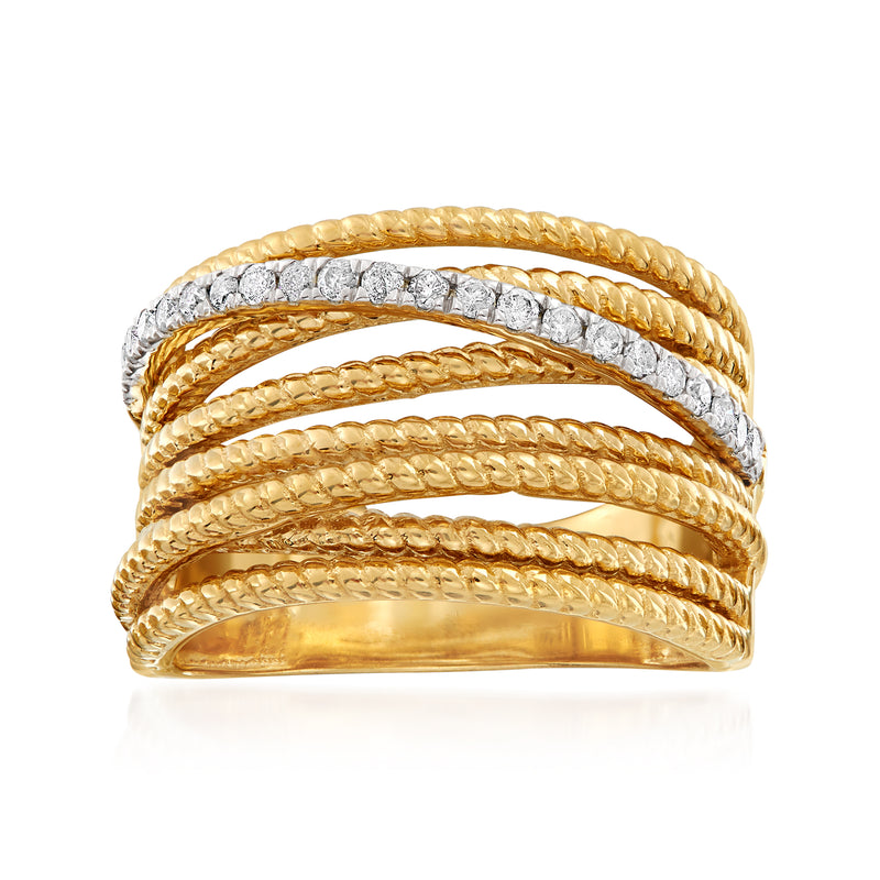 18kt gold roped highway ring with diamond-look pave band, stack of slim rings