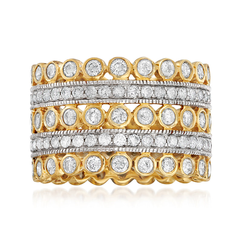 14kt yellow gold multi-row diamond eternity-style ring with round stones