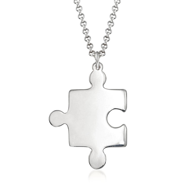 Sterling silver puzzle piece pendant necklace on linked chain, polished metal charm