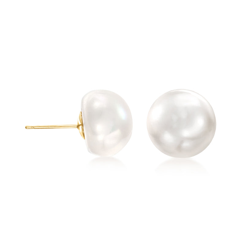 Cultured button pearl stud earrings with white pearls on 14kt yellow gold posts