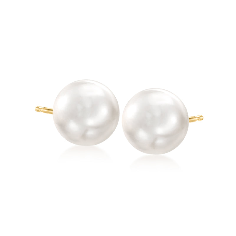 Cultured button pearl stud earrings, round white pearls with 14kt yellow gold posts