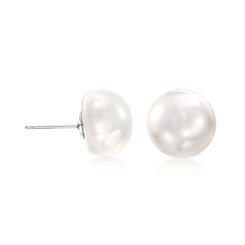 Sterling silver cultured pearl stud earrings with 12–13mm white round pearls