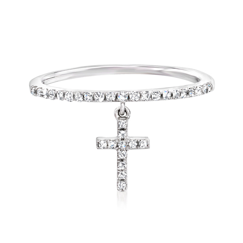 14kt white gold diamond cross charm ring with pavé diamond band