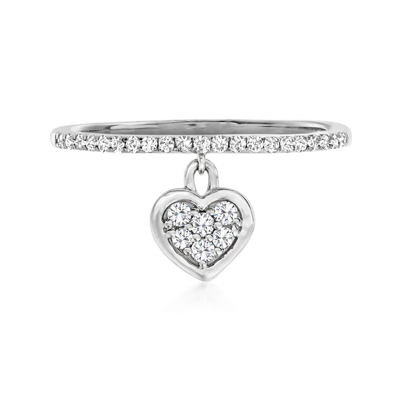 14kt white gold diamond heart charm ring with pavé band