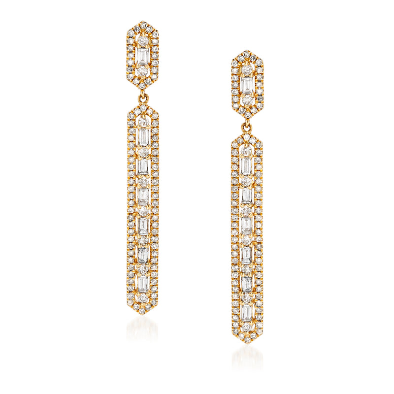 18kt yellow gold linear drop earrings with baguette and round diamonds, vertical bars