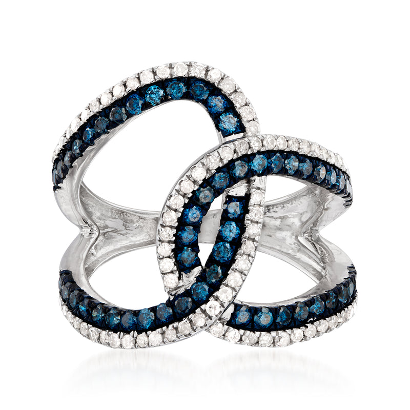 Sterling silver blue and white diamond knot ring