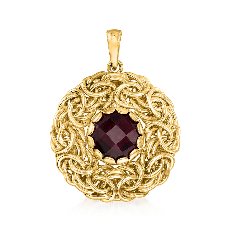 14kt yellow gold Byzantine garnet pendant with round faceted red gemstone center