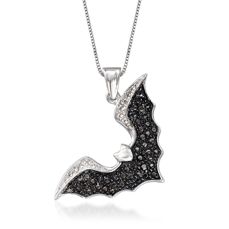 Sterling silver bat pendant necklace with black and white diamond accents