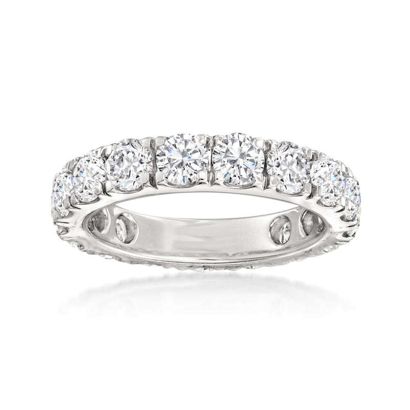 14kt white gold diamond eternity band, side view with channel-set round stones