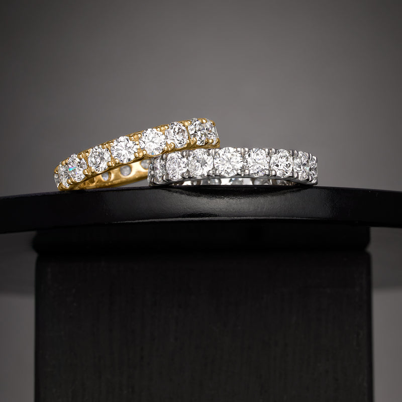14kt yellow gold diamond eternity band with round stones, side view