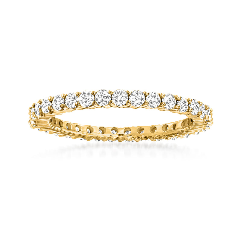 14kt yellow gold diamond eternity band with round white diamonds, prong-set.