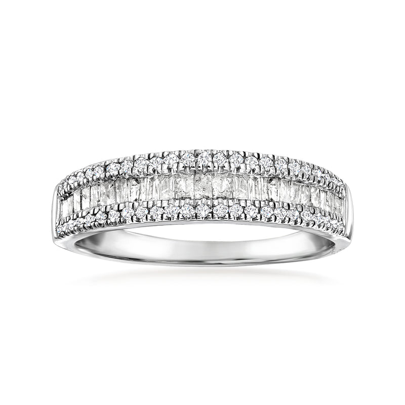 Sterling silver diamond ring with baguette and round stones in a full row band
