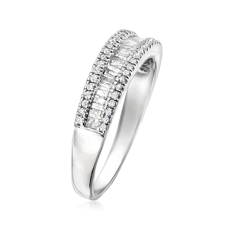 Sterling silver baguette-and-round diamond eternity ring, side view with raised prongs