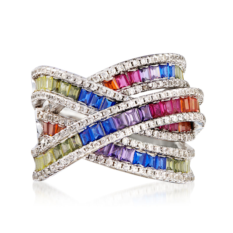 Sterling silver multicolored CZ highway ring with baguette stones and crisscross design