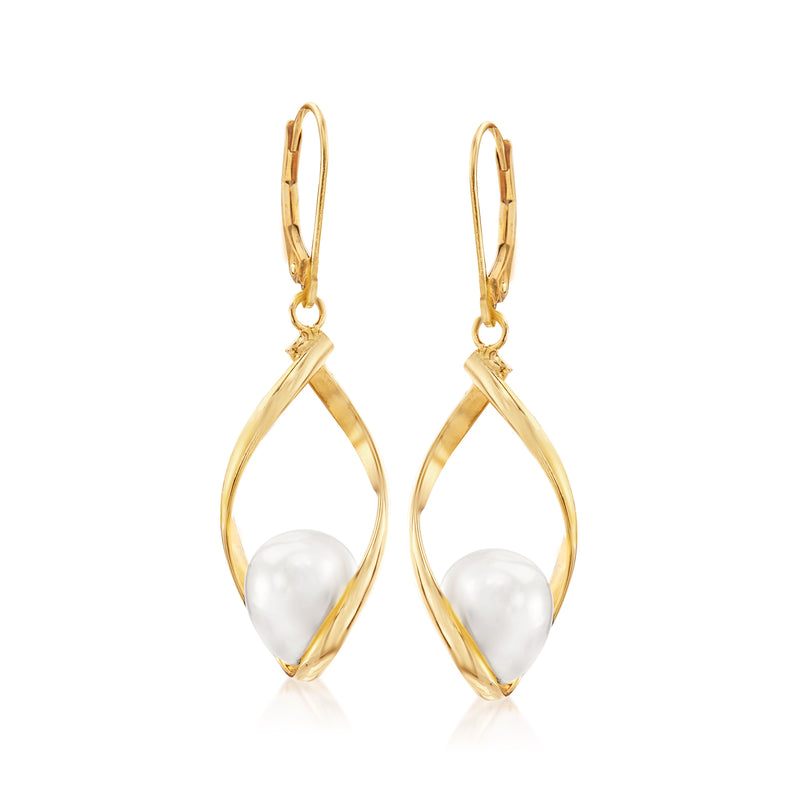 14kt yellow gold twisted drop leverback earrings with white cultured pearl teardrops