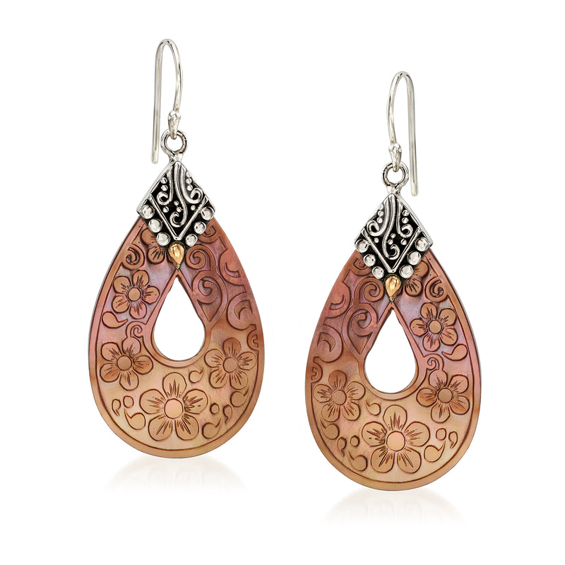 Brown mother-of-pearl teardrop drop earrings with floral engraving, silver hooks, gold accents