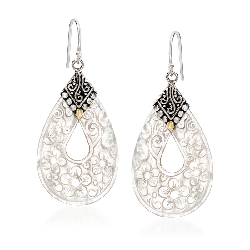 Sterling silver mother-of-pearl drop earrings, teardrop with floral inlay and black detail